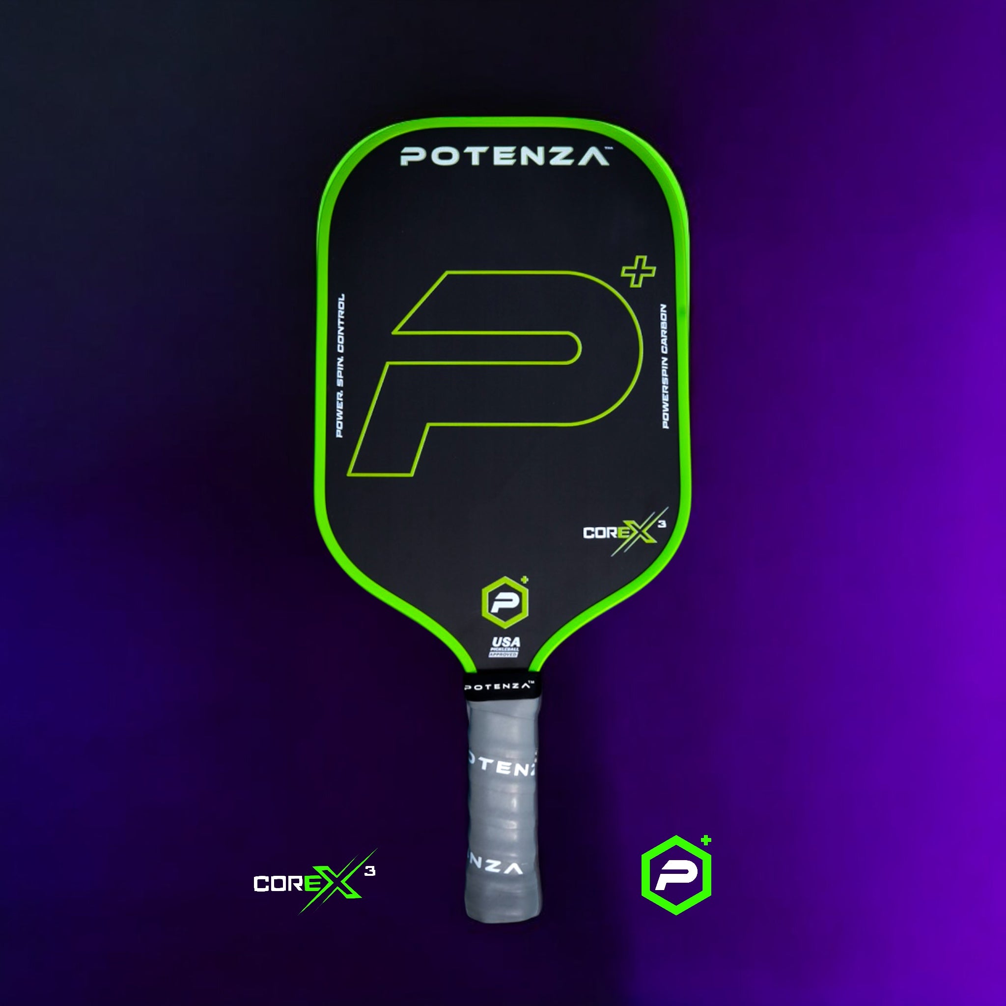 P+ PowerSpin Carbon COREx3 Pickleball Paddle (Neon Green, Elongated Face)